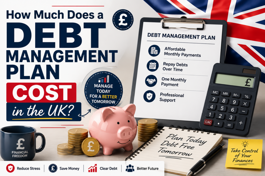 Illustration of a UK debt management plan with a calculator, piggy bank, pound sterling coins, clipboard checklist, and the Union Jack flag, explaining the cost of a Debt Management Plan in the UK