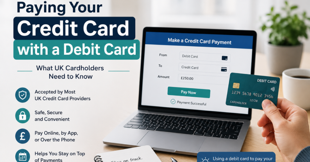 An illustration comparing a blue debit card paying a POS terminal versus a gold credit card at an ATM in the UK