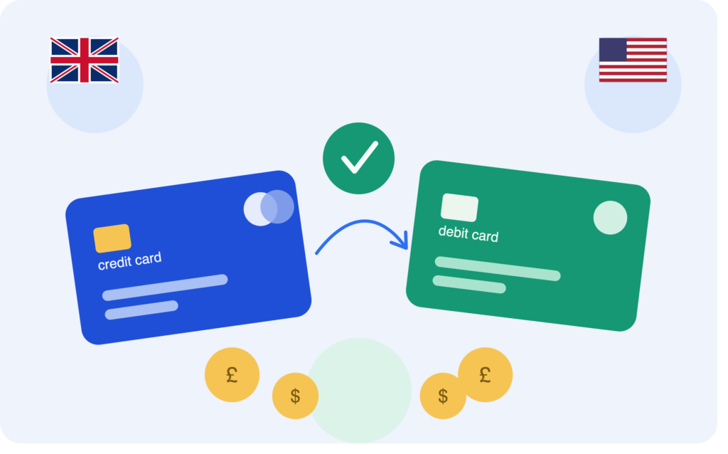 Can I pay off a credit card with a debit card UK — illustration with UK and US flags showing debit to credit card payment