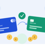 Can I pay off a credit card with a debit card UK — illustration with UK and US flags showing debit to credit card payment