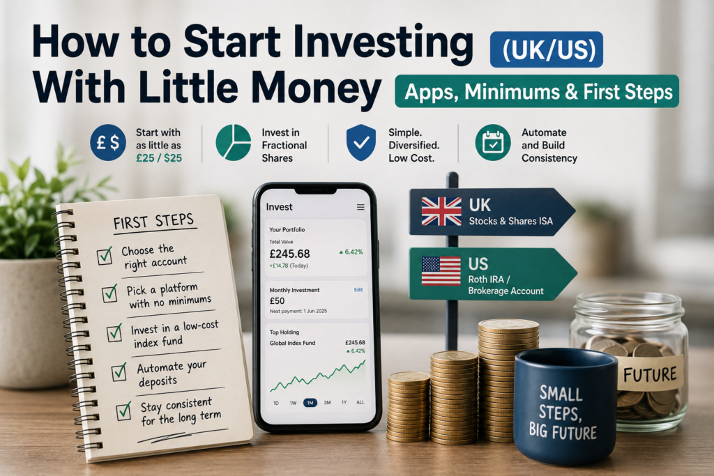 How to start investing with little money coins forming an ascending growth staircase for UK and US beginners