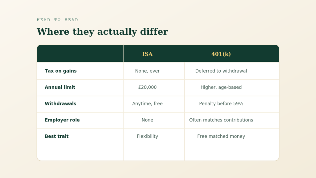 ISA vs 401k for investing comparison table
