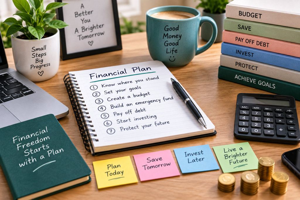 Financial plan for beginners with budgeting, saving, debt payoff, and investing steps
