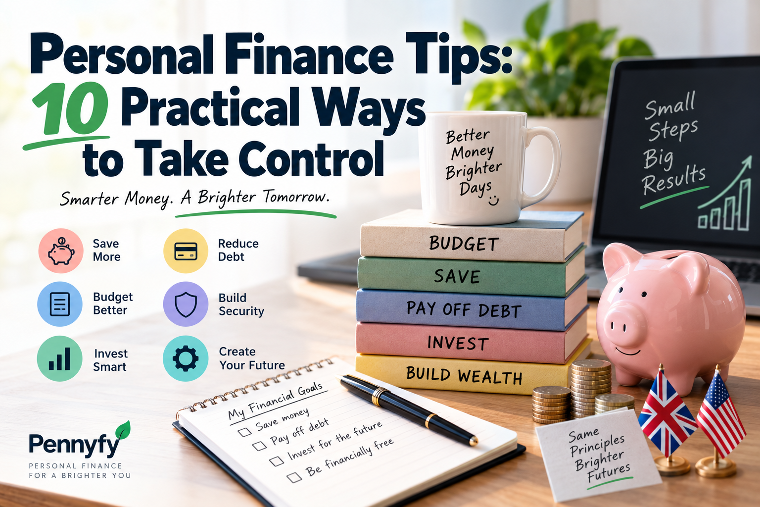 Personal finance tips for beginners illustration for UK and US readers